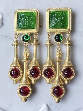 Huge 4 3/4" Matte Gold Etruscan Emerald Ruby Glass Cabochon Clip-On Earrings